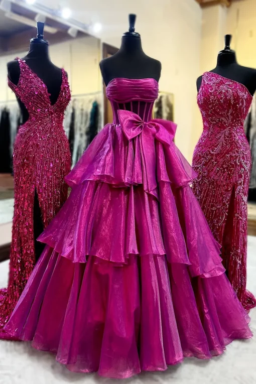 Fuchsia Corset Strapless A Line Tiered Long Prom Dress with Slit