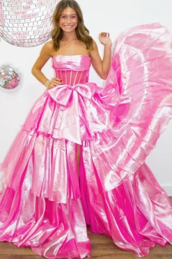 Fuchsia Corset Strapless A Line Tiered Long Prom Dress with Slit