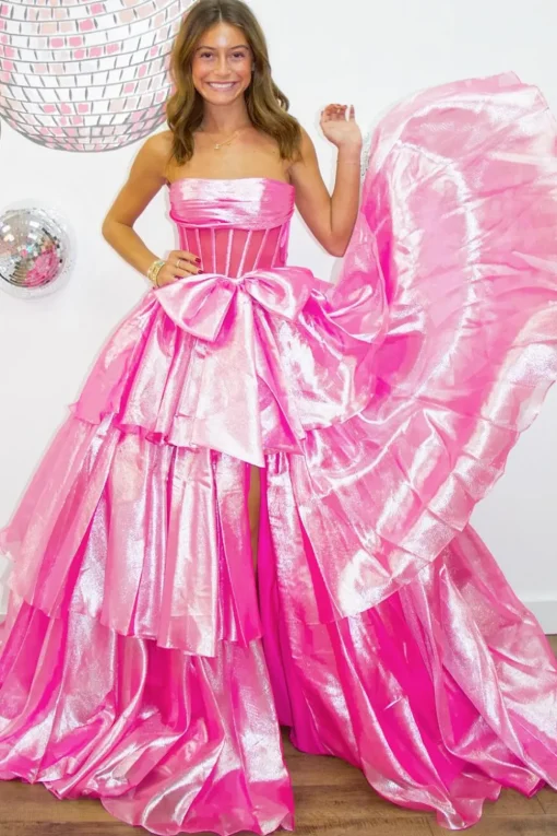 Fuchsia Corset Strapless A Line Tiered Long Prom Dress with Slit