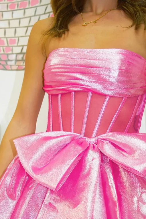 Fuchsia Corset Strapless A Line Tiered Long Prom Dress with Slit