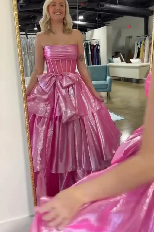 Fuchsia Corset Strapless A Line Tiered Long Prom Dress with Slit