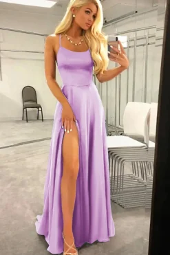 Fuchsia Halter Backless A Line Satin Prom Dress with Slit