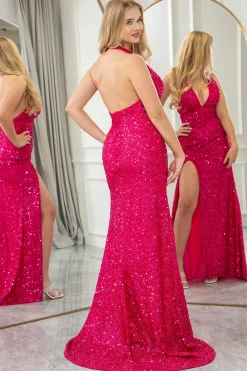 Fuchsia Mermaid Halter Neck Backless Sequin Prom Dress With Slit
