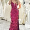 Fuchsia Mermaid Spaghetti Straps Sequin Long Prom Dress with Slit