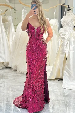 Fuchsia Mermaid Spaghetti Straps Sequin Long Prom Dress with Slit