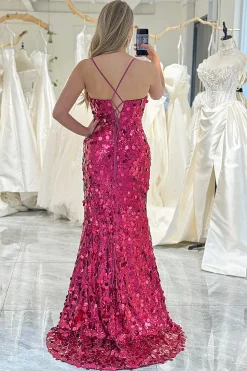 Fuchsia Mermaid Spaghetti Straps Sequin Long Prom Dress with Slit