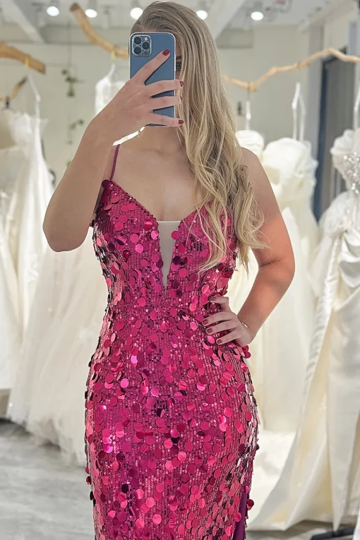 Fuchsia Mermaid Spaghetti Straps Sequin Long Prom Dress with Slit