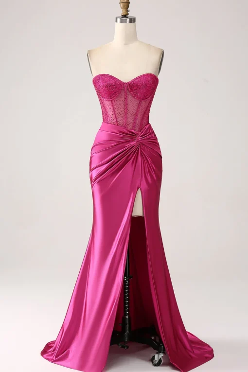 Fuchsia Mermaid Sweetheart Pleated Long Corset Satin Prom Dress With Slit