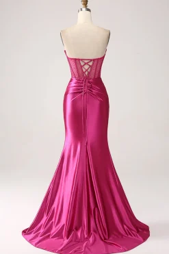 Fuchsia Mermaid Sweetheart Pleated Long Corset Satin Prom Dress With Slit
