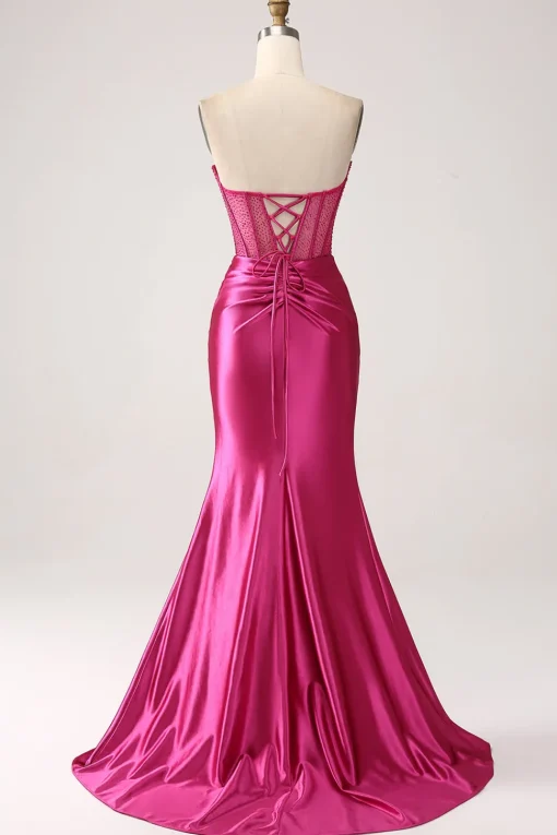 Fuchsia Mermaid Sweetheart Pleated Long Corset Satin Prom Dress With Slit