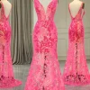 Fuchsia Mermaid V-Neck Corset Long Prom Dress with Sequins