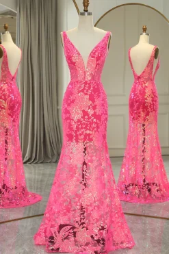 Fuchsia Mermaid V-Neck Corset Long Prom Dress with Sequins