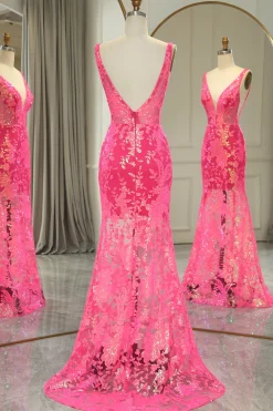 Fuchsia Mermaid V-Neck Corset Long Prom Dress with Sequins