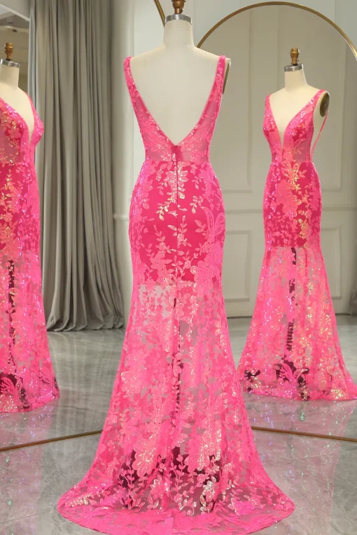 Fuchsia Mermaid V-Neck Corset Long Prom Dress with Sequins