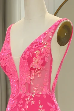 Fuchsia Mermaid V-Neck Corset Long Prom Dress with Sequins