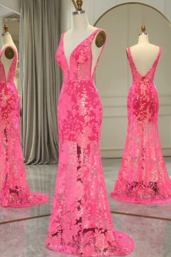 Fuchsia Mermaid V-Neck Corset Long Prom Dress with Sequins