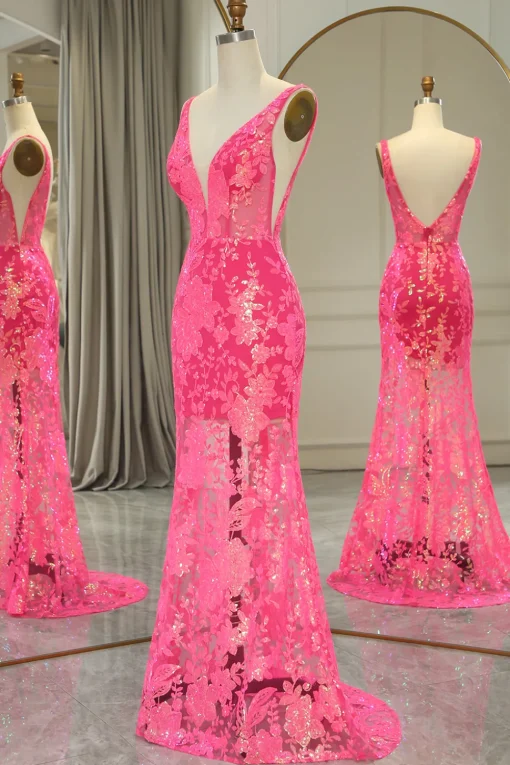 Fuchsia Mermaid V-Neck Corset Long Prom Dress with Sequins