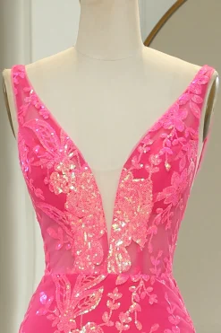 Fuchsia Mermaid V-Neck Corset Long Prom Dress with Sequins