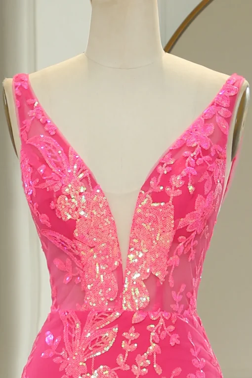 Fuchsia Mermaid V-Neck Corset Long Prom Dress with Sequins