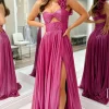 Fuchsia Metallic One Shoulder A Line Long Prom Dress with Slit