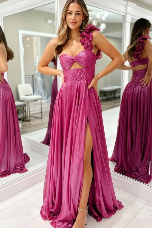 Fuchsia Metallic One Shoulder A Line Long Prom Dress with Slit