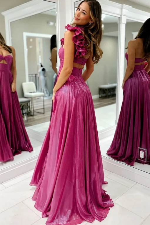 Fuchsia Metallic One Shoulder A Line Long Prom Dress with Slit