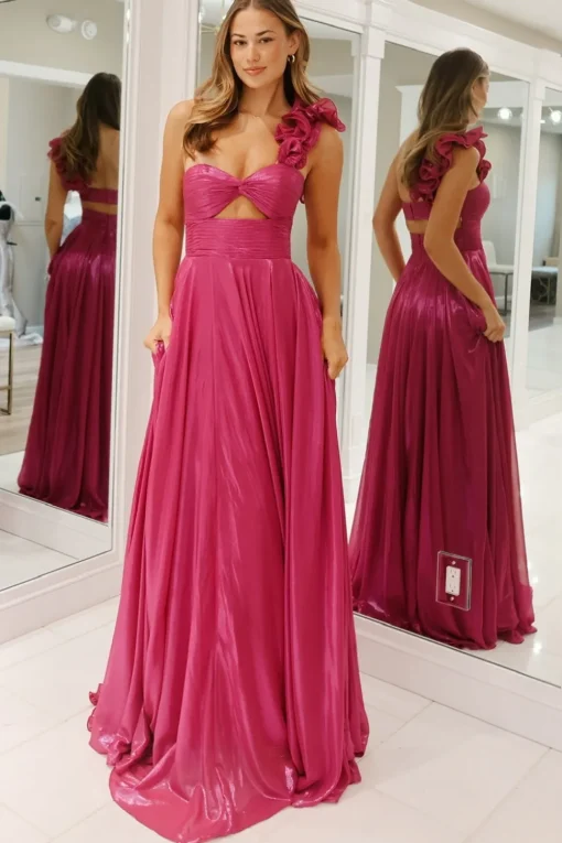 Fuchsia Metallic One Shoulder A Line Long Prom Dress with Slit