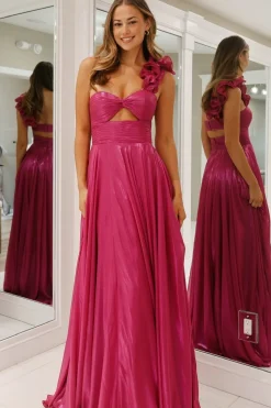 Fuchsia Metallic One Shoulder A Line Long Prom Dress with Slit
