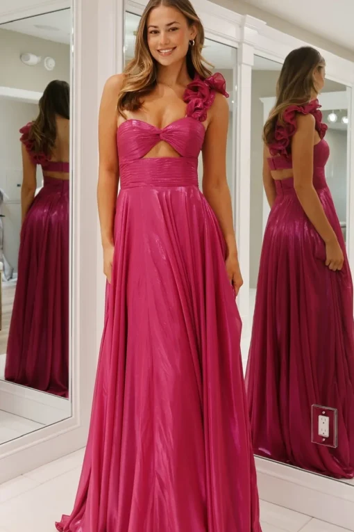 Fuchsia Metallic One Shoulder A Line Long Prom Dress with Slit
