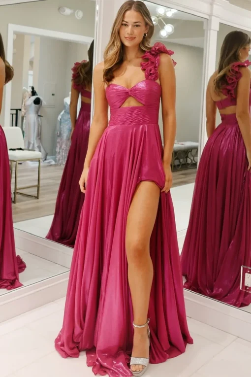 Fuchsia Metallic One Shoulder A Line Long Prom Dress with Slit