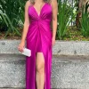 Fuchsia Spaghetti Straps Sheath Satin Ruched Long Prom Dress with Slit