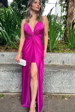 Fuchsia Spaghetti Straps Sheath Satin Ruched Long Prom Dress with Slit