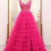 Fuchsia Spaghetti Straps A-Line Tulle Beaded Prom Dress With Slit