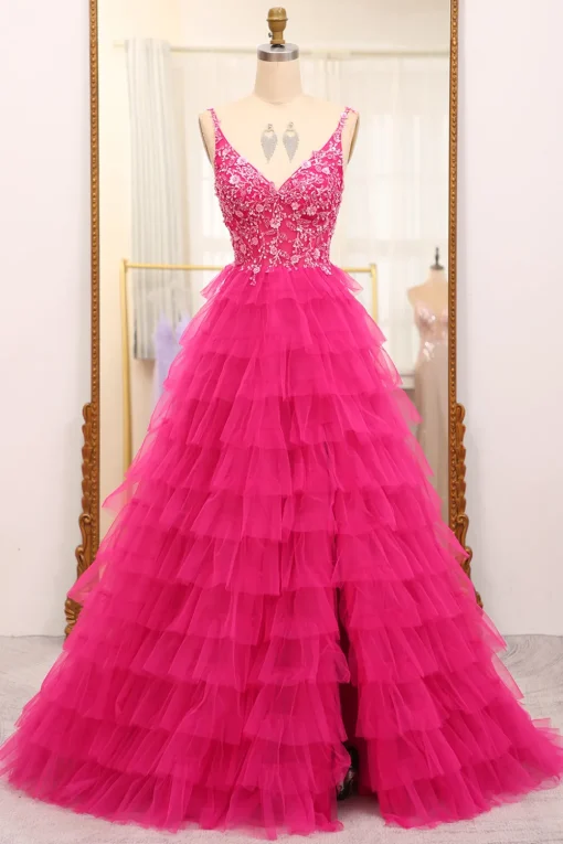 Fuchsia Spaghetti Straps A-Line Tulle Beaded Prom Dress With Slit