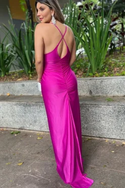Fuchsia Spaghetti Straps Sheath Satin Ruched Long Prom Dress with Slit