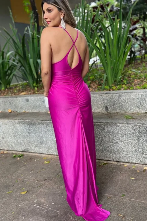 Fuchsia Spaghetti Straps Sheath Satin Ruched Long Prom Dress with Slit