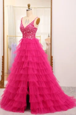 Fuchsia Spaghetti Straps A-Line Tulle Beaded Prom Dress With Slit
