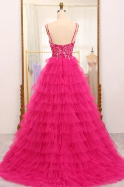 Fuchsia Spaghetti Straps A-Line Tulle Beaded Prom Dress With Slit