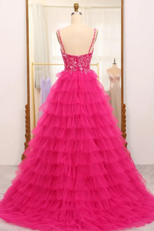 Fuchsia Spaghetti Straps A-Line Tulle Beaded Prom Dress With Slit