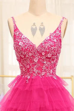 Fuchsia Spaghetti Straps A-Line Tulle Beaded Prom Dress With Slit