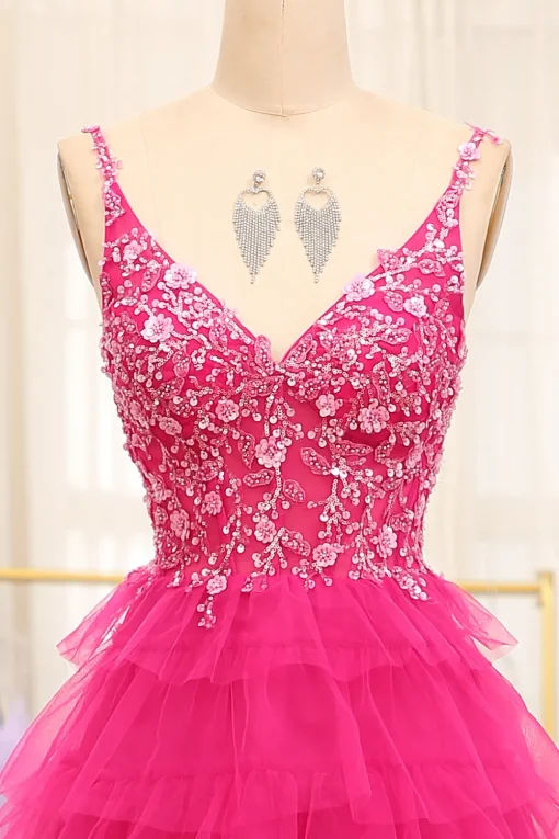 Fuchsia Spaghetti Straps A-Line Tulle Beaded Prom Dress With Slit