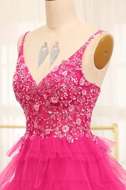 Fuchsia Spaghetti Straps A-Line Tulle Beaded Prom Dress With Slit