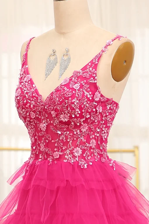 Fuchsia Spaghetti Straps A-Line Tulle Beaded Prom Dress With Slit