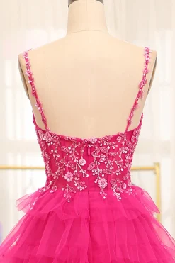 Fuchsia Spaghetti Straps A-Line Tulle Beaded Prom Dress With Slit