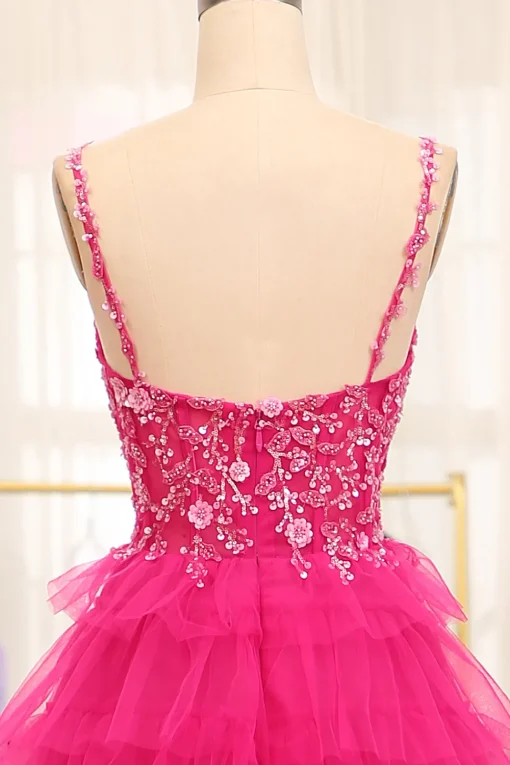 Fuchsia Spaghetti Straps A-Line Tulle Beaded Prom Dress With Slit