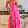 Fuchsia Sweetheart A Line Chiffon Tiered Long Prom Dress with Slit