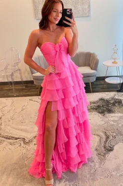 Fuchsia Sweetheart A Line Chiffon Tiered Long Prom Dress with Slit