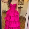 Fuchsia Sweetheart A Line Tiered Satin Long Corset Prom Dress