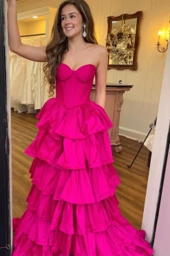 Fuchsia Sweetheart A Line Tiered Satin Long Corset Prom Dress