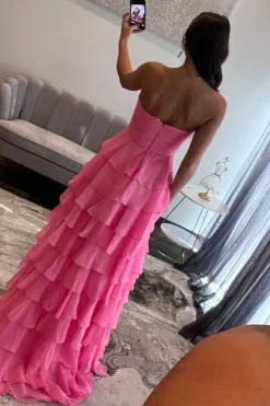 Fuchsia Sweetheart A Line Chiffon Tiered Long Prom Dress with Slit